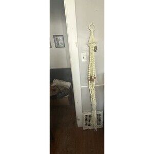 Vintage 70s Boho Macrame Ceiling Plant Hanger with Ceramic Owl Detail 66 inches